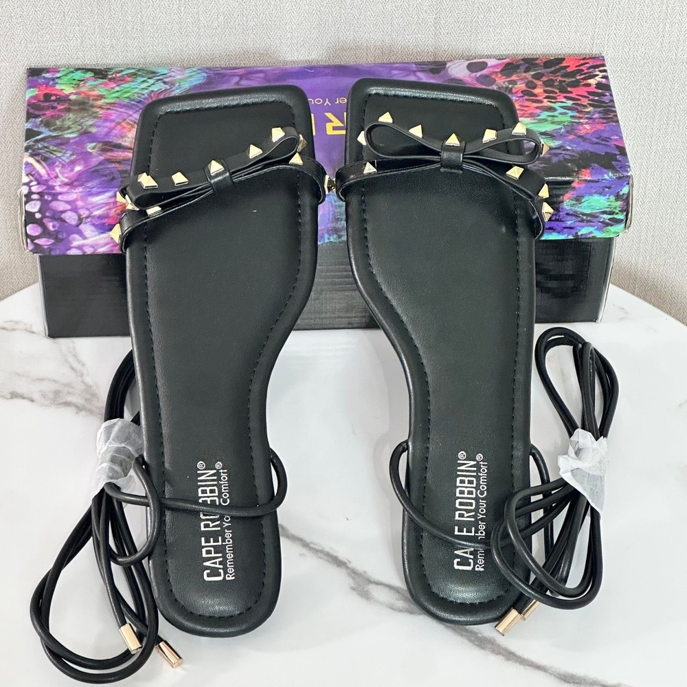 Cape Robbin Black Studded Lace Up Square Toe Flat Sandals Womens 8 Comfort